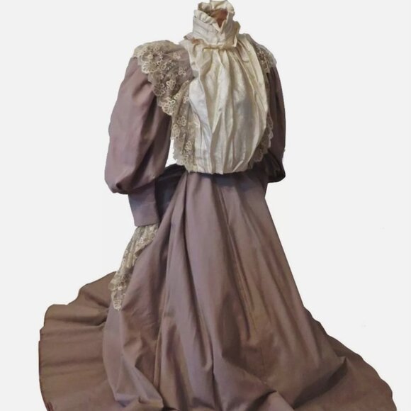 Lovely Lace Lavished Taupe Twill Victorian Museum Dress - Wearable - Picture 1 of 12